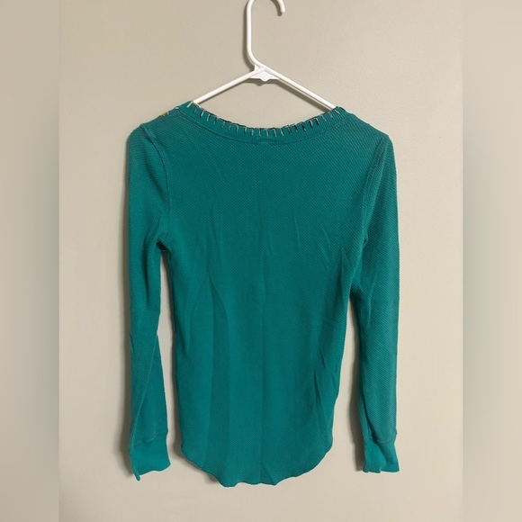 Free People Embroidered Waffle Knit Teal Boho Long Sleeve Womens Size Medium - Picture 2 of 6